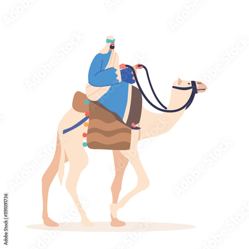 Bedouin Riding Camel Through The Desert Isolated on White Background. Concept of Nomadic Lifestyle Of The Bedouin