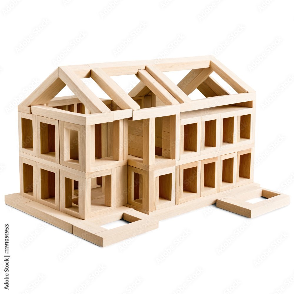 Wooden building blocks in the process of forming a house shape, isolated with no background. Wooden building blocks in the process of forming a house shape, isolated with no background.