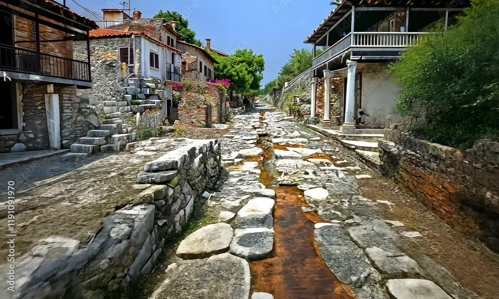 Camera follow the old Italian street with drone made ancient road at summer day. 4K Camera follow the old Italian street with drone made ancient road at summer day. 4K
