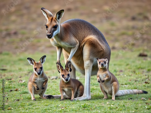 an image of a kangaroo with her babies in a grassy field. photo