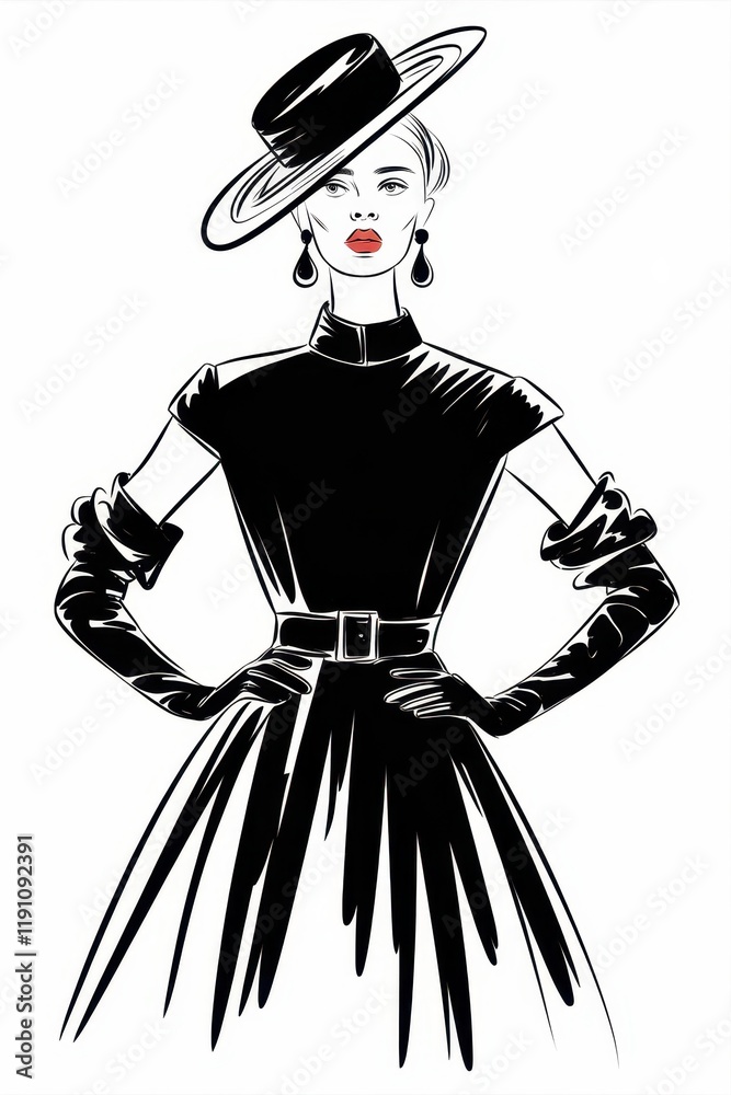Obraz premium Elegant Woman in Black Dress and Hat