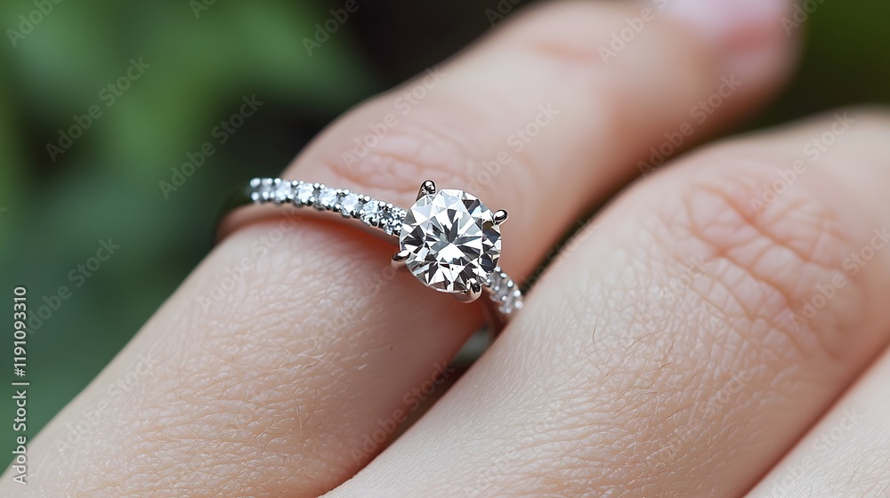 Close up view of a sparkling diamond engagement ring being carefully slid onto a person s finger against a blurred natural green background symbolizing the commitment and romance of marriage Close up view of a sparkling diamond engagement ring being carefully slid onto a person s finger against a blurred natural green background symbolizing the commitment and romance of marriage