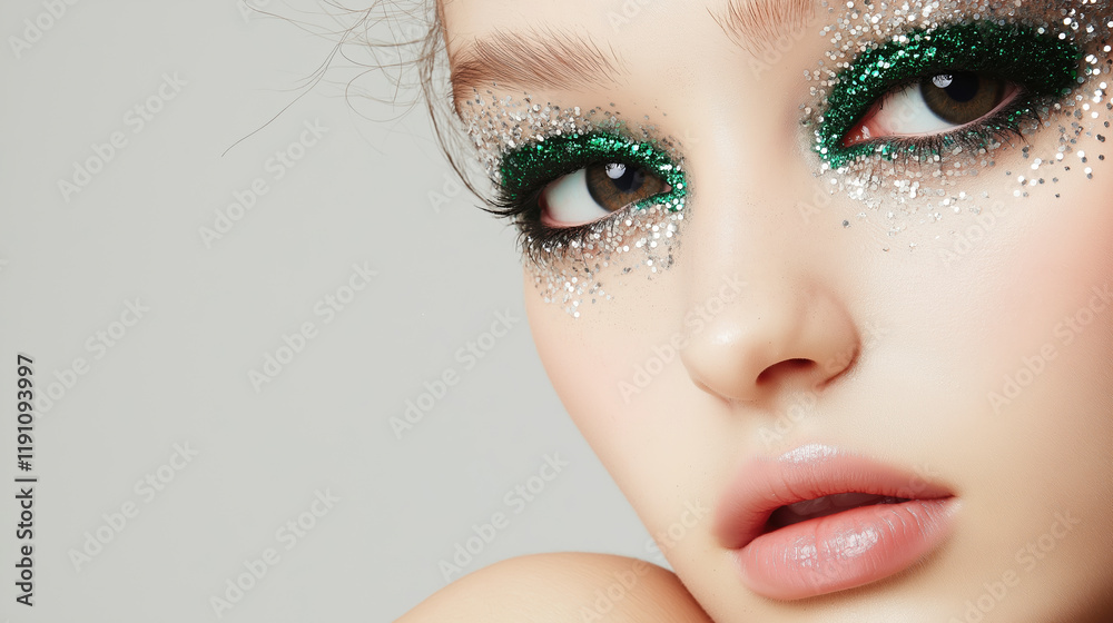 Fototapeta premium Glamorous makeup on a young Caucasian woman with green glitter eyeshadow