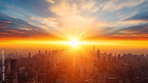 Glowing futuristic city skyline at dramatic sunrise over a tranquil urban landscape with tall skyscrapers bright horizon and vibrant colorful sky  Concept of progress innovation