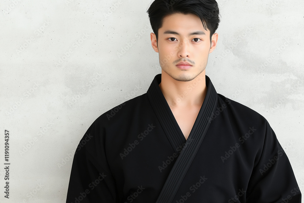 Fototapeta premium Young Asian man in black martial arts uniform against a plain wall