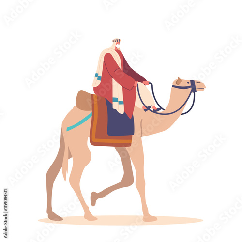 Bedouin Riding A Camel Through The Desert Isolated On White Background. Adventure, Nomadic Lifestyle, Travel