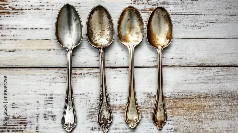 Display of four vintage silver spoons arranged on a rustic wooden surface highlighting their varying tarnish levels