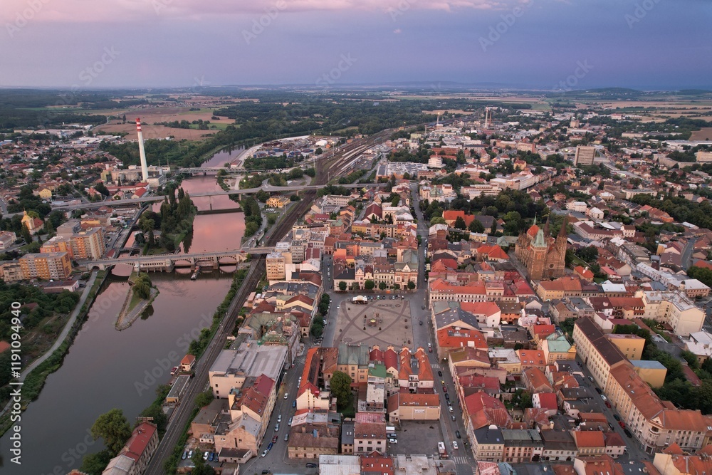 Naklejka premium Kolin city center aerial panorama highlighting the picturesque old town square and its charming historical architecture Bohemia,Czech republic,
