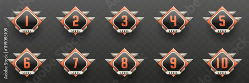 Game Level Up Badges in Black, Silver and Coral Color-Themed for Game UI Designs