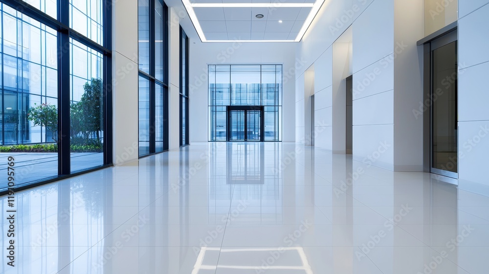Fototapeta premium A modern, spacious lobby with glossy floors, large windows, and a minimalist design that enhances natural light.