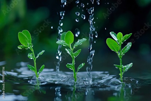 Watering fresh green plant sprout seedlings on soil and precious life and earth environment and life world water day concept  photo