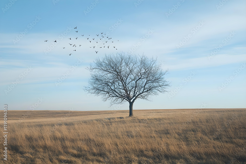 a lone tree in a field with birds flying overhead a lone tree in a field with birds flying overhead