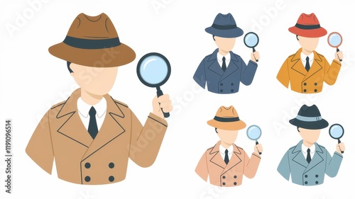Four Detectives Investigating Clues With Magnifying Glasses