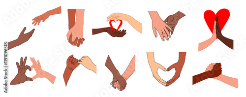  Two hands holding together set. Human fingers, couple palms touching, gesturing, heart shape. Support, love relationship concept. Flat colored vector outline illustration isolated