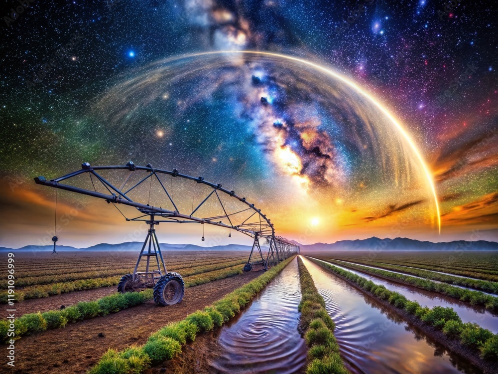 Obraz premium Surreal Irrigation: Water Spirals Across A Dried Landscape, Futuristic Agriculture