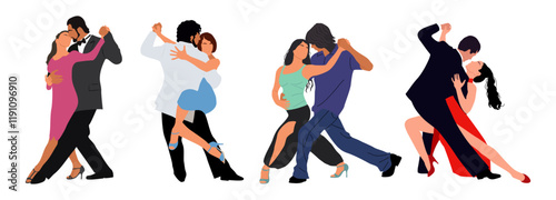 Set of different Dancing Couples, Dancers Tango, Salsa, Bachata, Flamenco, Latina Dance. Young men and women in dance poses. Vector realistic illustration isolated