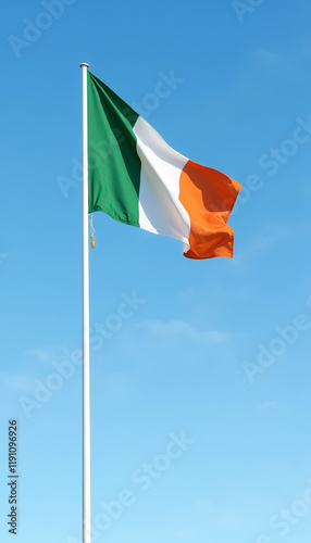 Irish flag waving in clear blue sky, symbolizing St. Patrick's Day celebration on March 17th photo