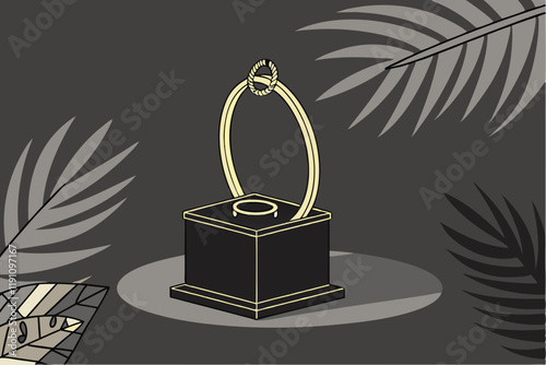 Dark elegant podium, gold arch, black pedestal, palm leaves silhouette, 3D render, luxury product display, minimalist design, moody lighting, rich textures, golden accents, sophisticated ambiance, hig
