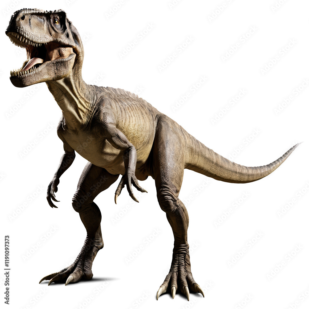 Fototapeta premium A powerful T. rex standing tall on two legs, with its massive tail extended behind, displayed against a transparent backdrop.