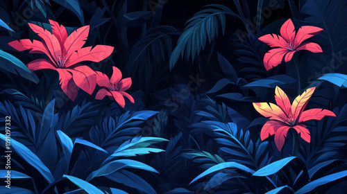 Wallpaper Mural digital surreal tropical painting of stylized flowers in dark blue and red hues with night jungle aesthetic and vibrant art illustration Torontodigital.ca