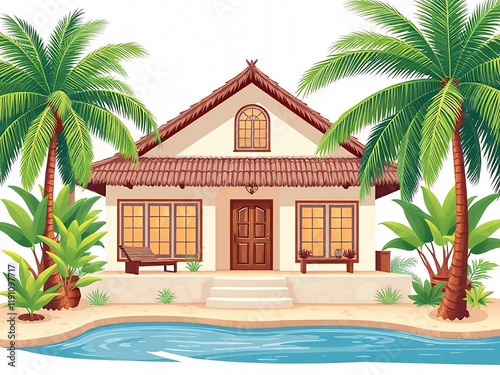 an image of a small house on a tropical island with palm trees. photo