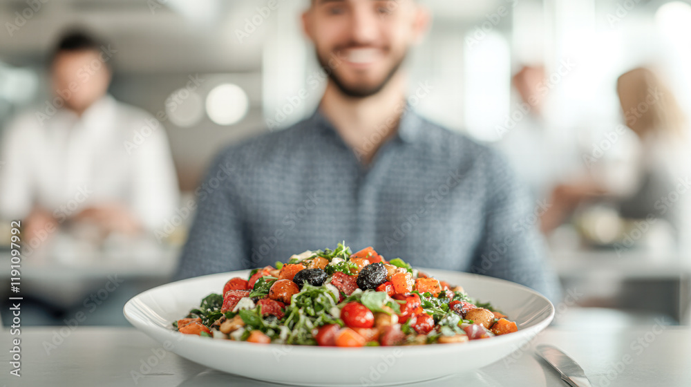 Close-up food delicious salad presentation in a bright modern restaurant setting Close-up food delicious salad presentation in a bright modern restaurant setting