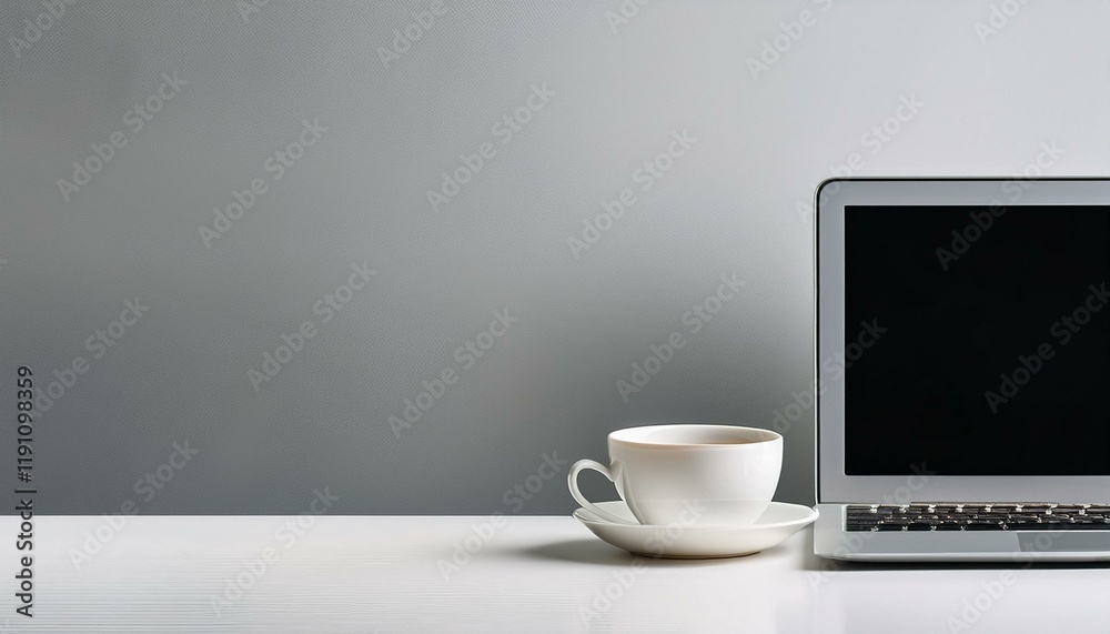 Office place with laptop and coffee cup on light background with copyspace. Coffee break. computer in the office Office place with laptop and coffee cup on light background with copyspace. Coffee break. computer in the office