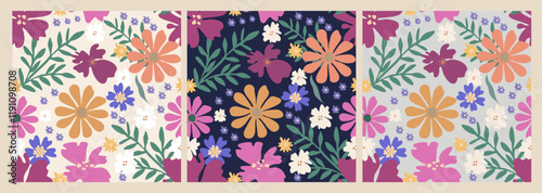 Floral seamless pattern with blooming abstract flowers on different backgrounds. Botanical backdrop of colorful plants. Design for wallpaper, wrapping paper, surface, fabric. Vector seamless pattern.