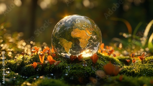 Hyperrealistic macro shot of a glass globe depicting Earth on vibrant moss, glistening dew, and soft sunlight. A serene eco-friendly concept with rich natural tones and cinematic highlights. photo