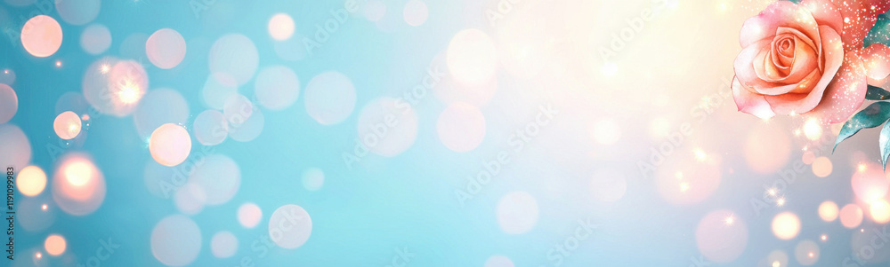 Soft glowing background with radiant coral rose and sparkling bokeh lights Soft glowing background with radiant coral rose and sparkling bokeh lights