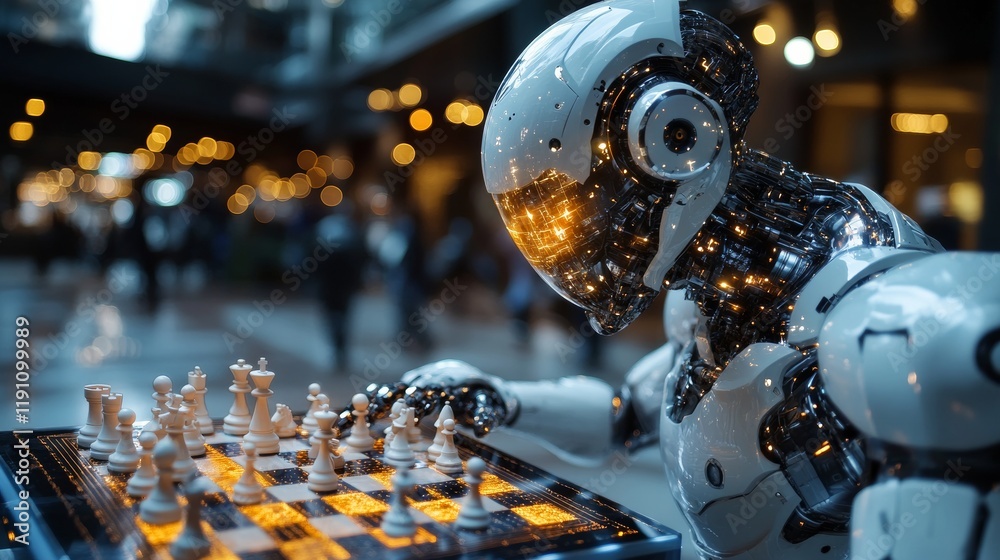 Fototapeta premium Future Bonding: Collaboration between Human-like Robot and Child in a Chess Game Creates Unique Connection and Learning Opportunity