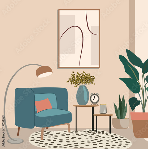 Living room interior with furniture in retro mid century modern style. Flat vector illustration