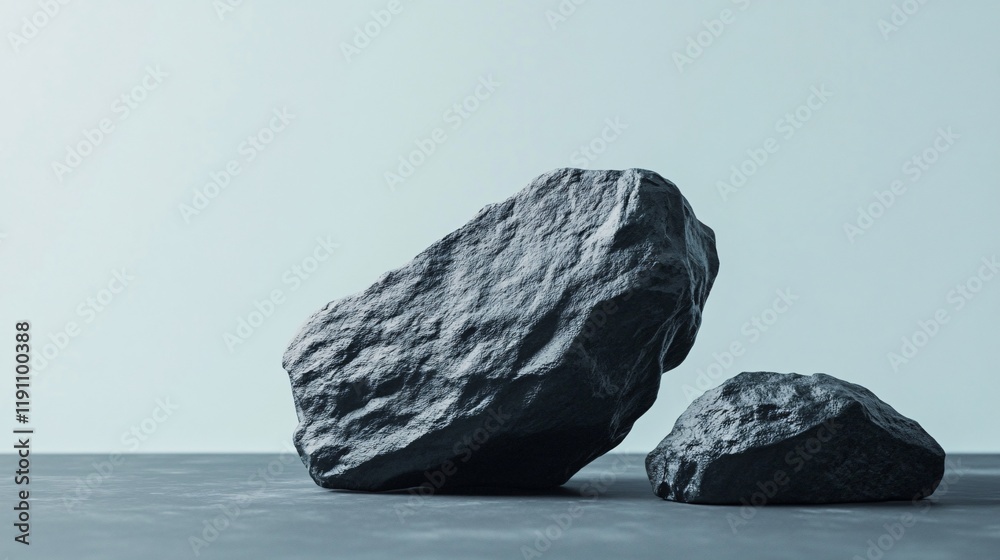 Naklejka premium Two dark rocks balancing on each other creating a minimalist scene