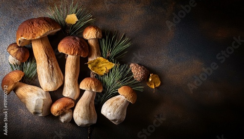 mushrooms on a wooden table. Autumn background with forest mushrooms. Mushroom boletus on dark table. Autumnal compositions photo