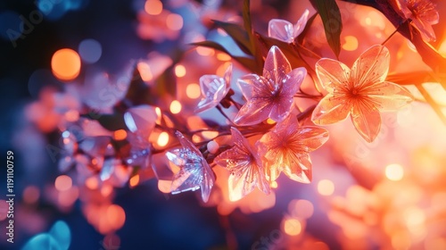 Glowing pink flowers with bokeh lights.