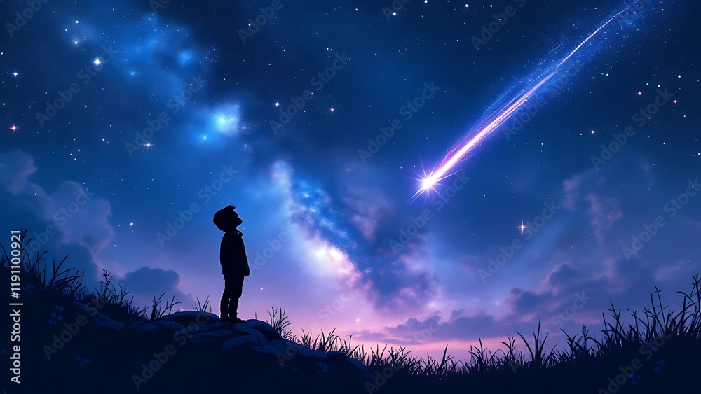 A child points to a shooting star passing through the sky. A child points to a shooting star passing through the sky.