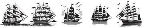 Vector collection of silhouettes of sailing ships anchored
