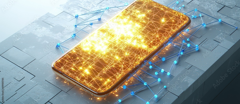 A high-resolution image of a smartphone glowing with golden data streams and interconnected blue network points