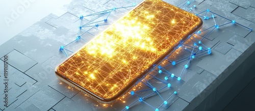 Obraz na płótnie A high-resolution image of a smartphone glowing with golden data streams and interconnected blue network points w salonie