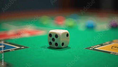 A close-up of a single die on a vibrant gaming surface, perfect for game enthusiasts. photo