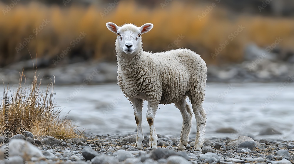 Fototapeta premium Malnourished Sheep Struggling Alone in a Barren Rocky Landscape with Copy Space