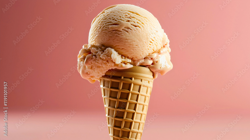 A scoop of caramel ice cream in a classic wafer cone, a lovely and refreshing product that is popular around the world, an ice cream, a tasty treat. A scoop of caramel ice cream in a classic wafer cone, a lovely and refreshing product that is popular around the world, an ice cream, a tasty treat.