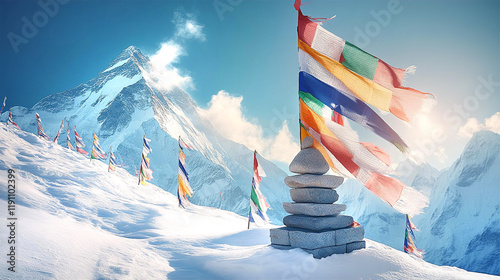 Praying place on tip of the  mountain near the Everest in Nepal 