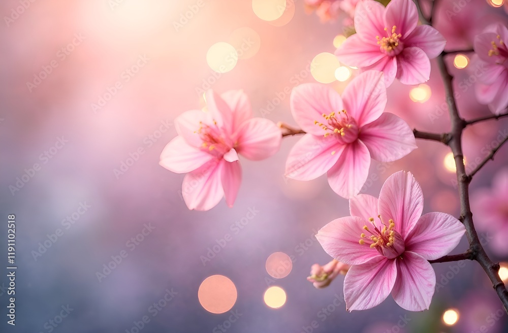 Pink flowers blossom with bokeh lights. Copy space. Floral card. Pink flowers blossom with bokeh lights. Copy space. Floral card.