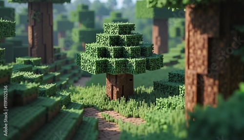 Stylized blocky tree in pixel art forest setting, nature-themed video game landscape photo