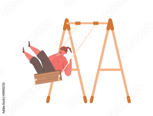 Joyful Girl Character Swinging High On A Sunny Day, Hair Flying In The Wind, Laughter Echoing Through The Air