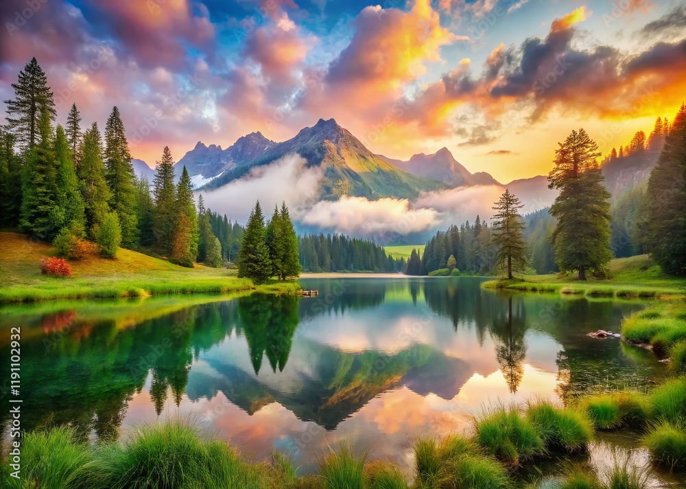 Fototapeta premium Surreal Serene Mountain Lake: Lush Meadows, Dreamlike Landscape