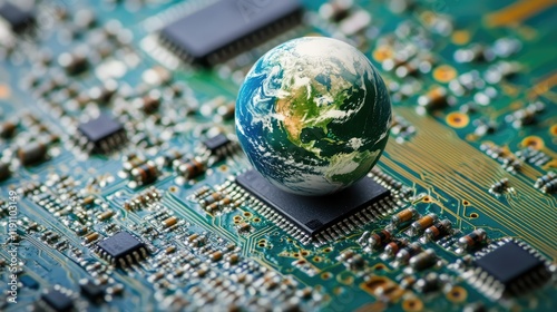 A 3D globe representing Earth is positioned on a blue and gold circuit board, photo