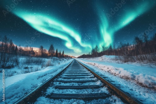 Snow-covered railroad tracks stretch into the distance beneath a breathtaking display of the aurora borealis illuminating the night sky over a wintry landscape