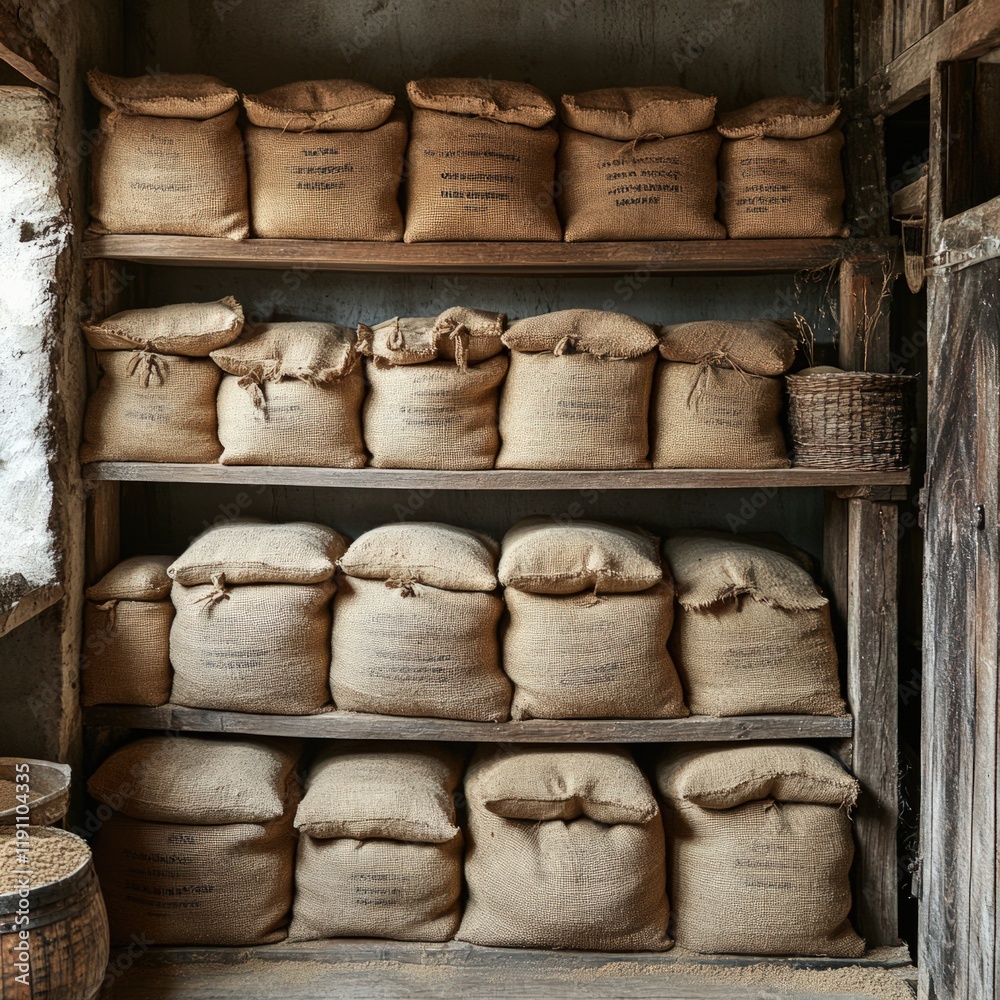 Wooden shelves stacked with burlap sacks of grain. Wooden shelves stacked with burlap sacks of grain.
